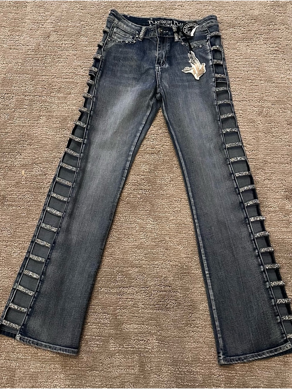 Platinum Plus Women's Dark Wash with Open Leg Rhinestone Design